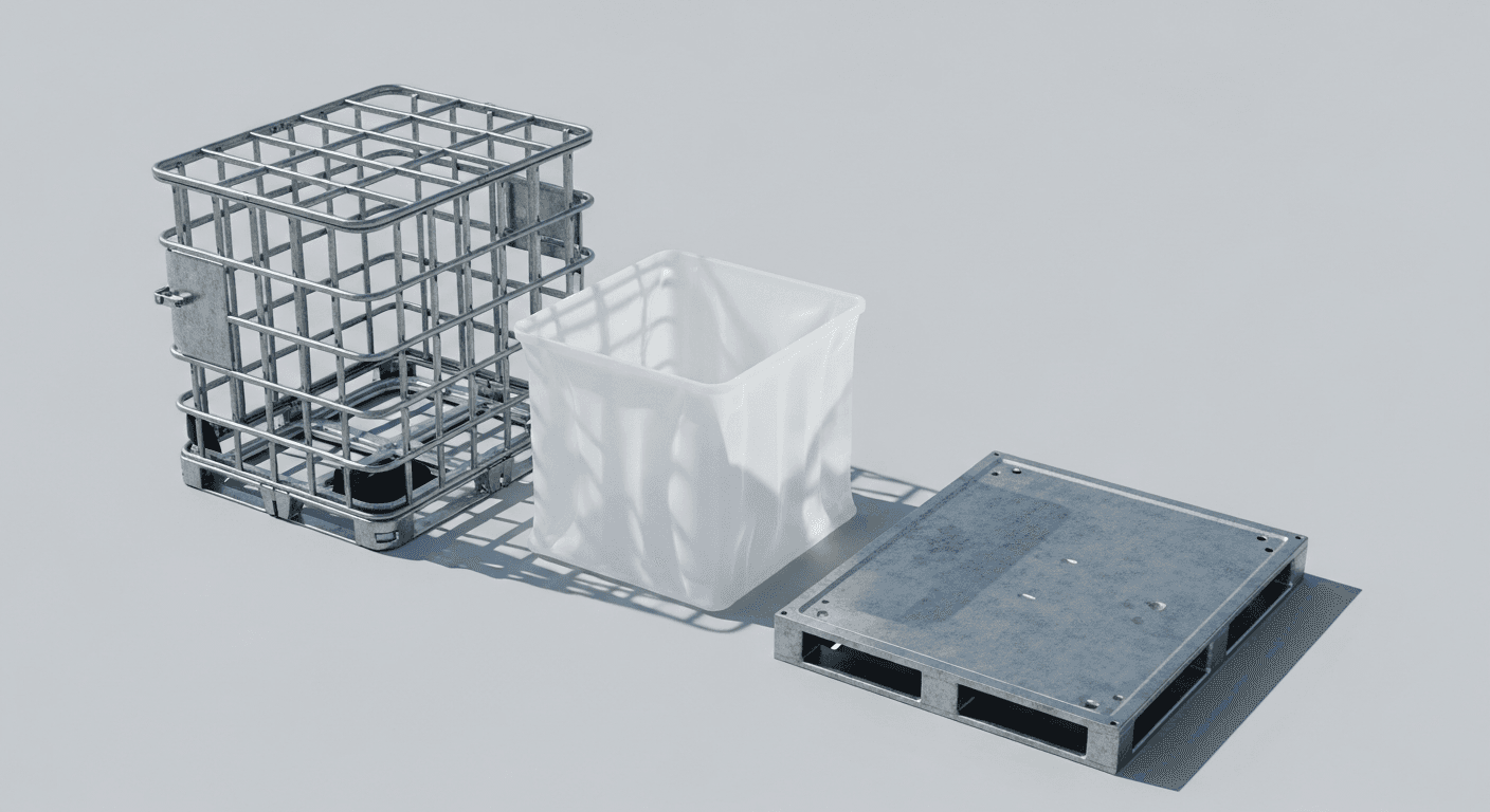 Schéma des composants d'un IBC 1 m³ : cuve PEHD, armature acier et palette intégrée