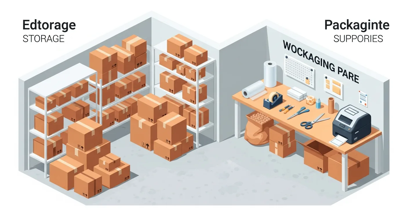Plan d'aménagement d'un box de self-stockage avec zones de stockage et de packing